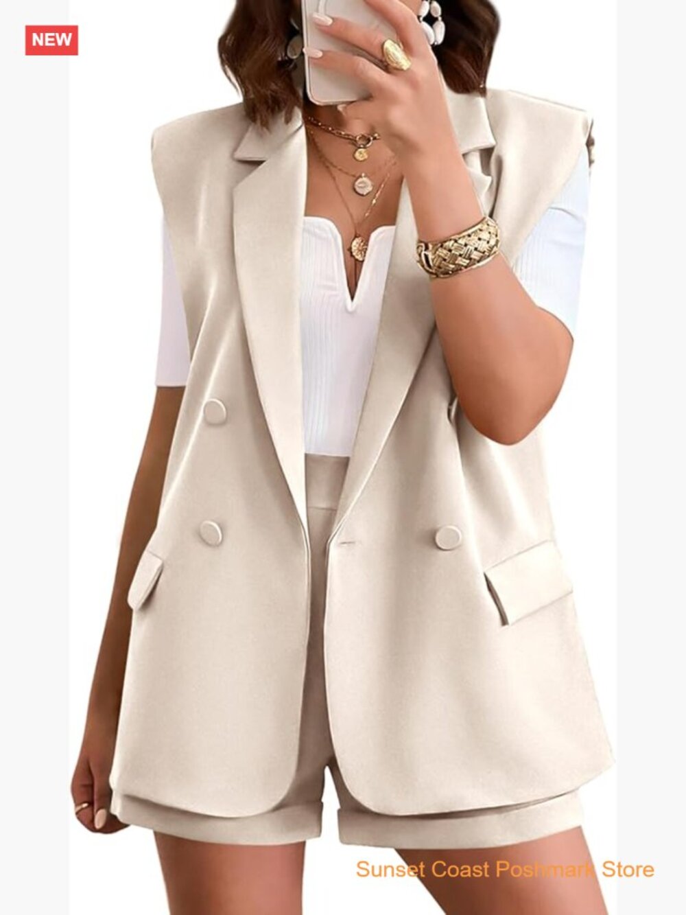 Sleeveless Blazer and High Waist Shorts Set Business Casual Suit